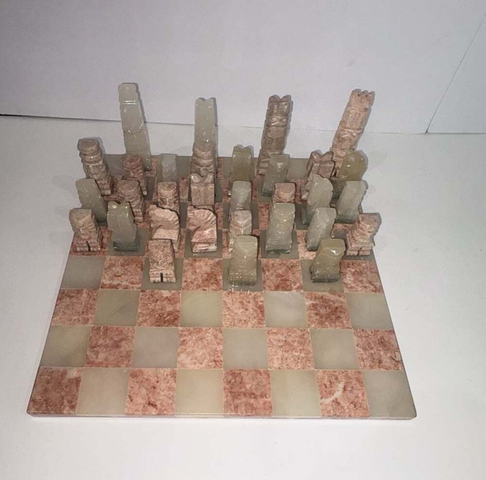Vintage Hand Carved Pink Marble and Onyx Chess Set with Board
